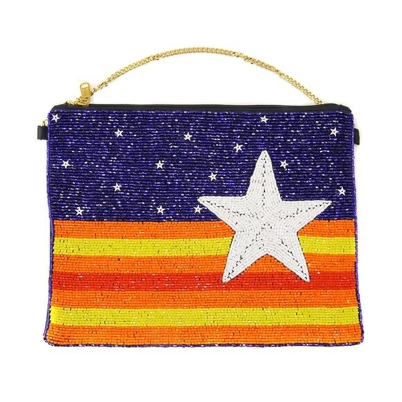STAR Seed Beaded Orange Blue Team Colors Astros Auburn Crossbody Clutch Handbag - Picture 8 of 8